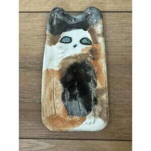 Vintage Studio Art Pottery Calico Cat Spoon Rest Ceramic Tray Signed Trinket 6”